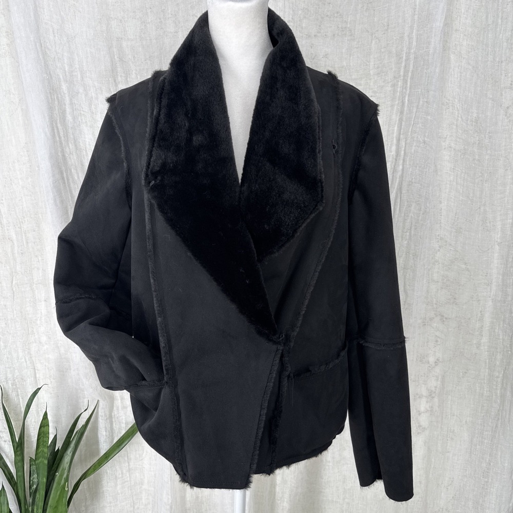 Max Studio Black Faux Fur Suede Coat M Indie 90s Soft Plush Vegan Jacket Pockets